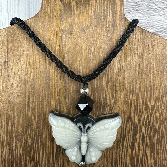 Tai Chi Stone Butterfly Pendant Necklace on Adjustable Black Rope - Picture 10 of 13
